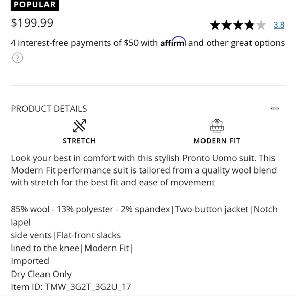 Men's Warehouse-Pronto Uomo wool suit. 44short, 38/30 pants, shirt 17 1/2- 32/33 - Picture 8 of 8